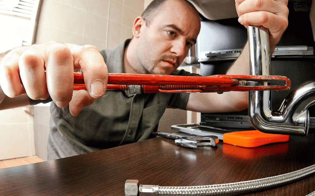 Plumber fixing the pipes under a sink